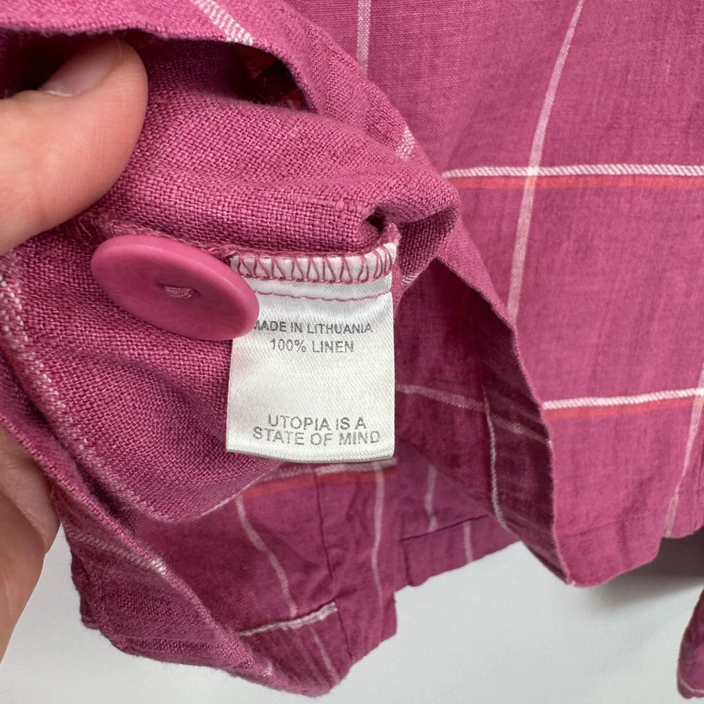 Flax Button Front Jacket Womens Small Pink Windowpane Plaid 100% Linen Boxy